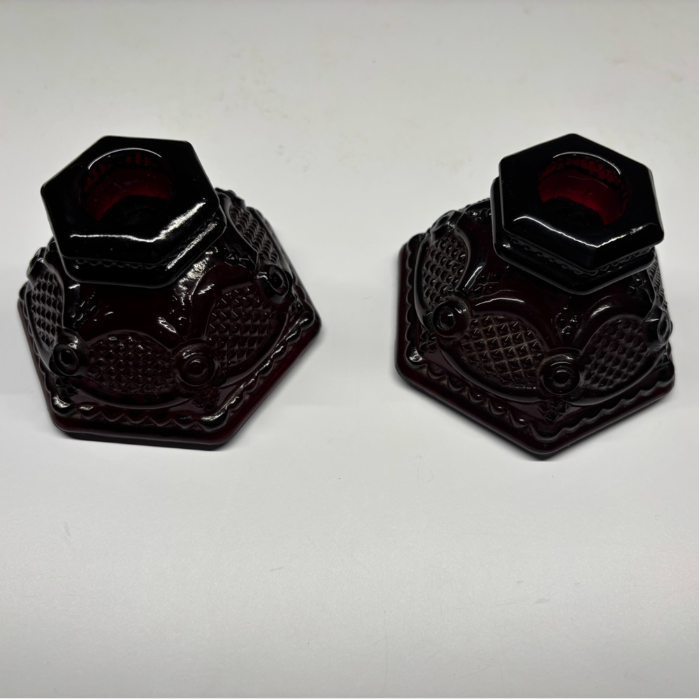 Vintage AVON Cape Cod 1876 Ruby Red Glass Candle Holders set of 2